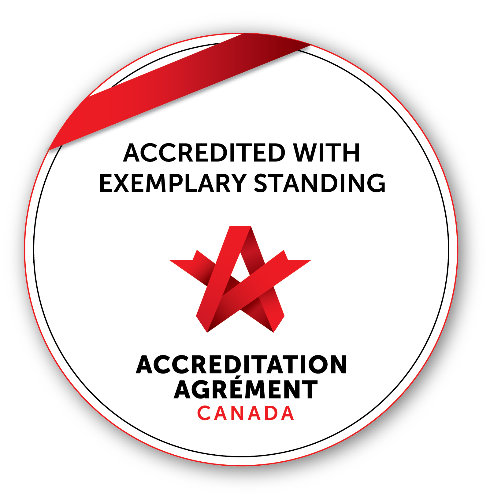round circle logo which reads Accredited with Exemplary Standing Accreditation Canada