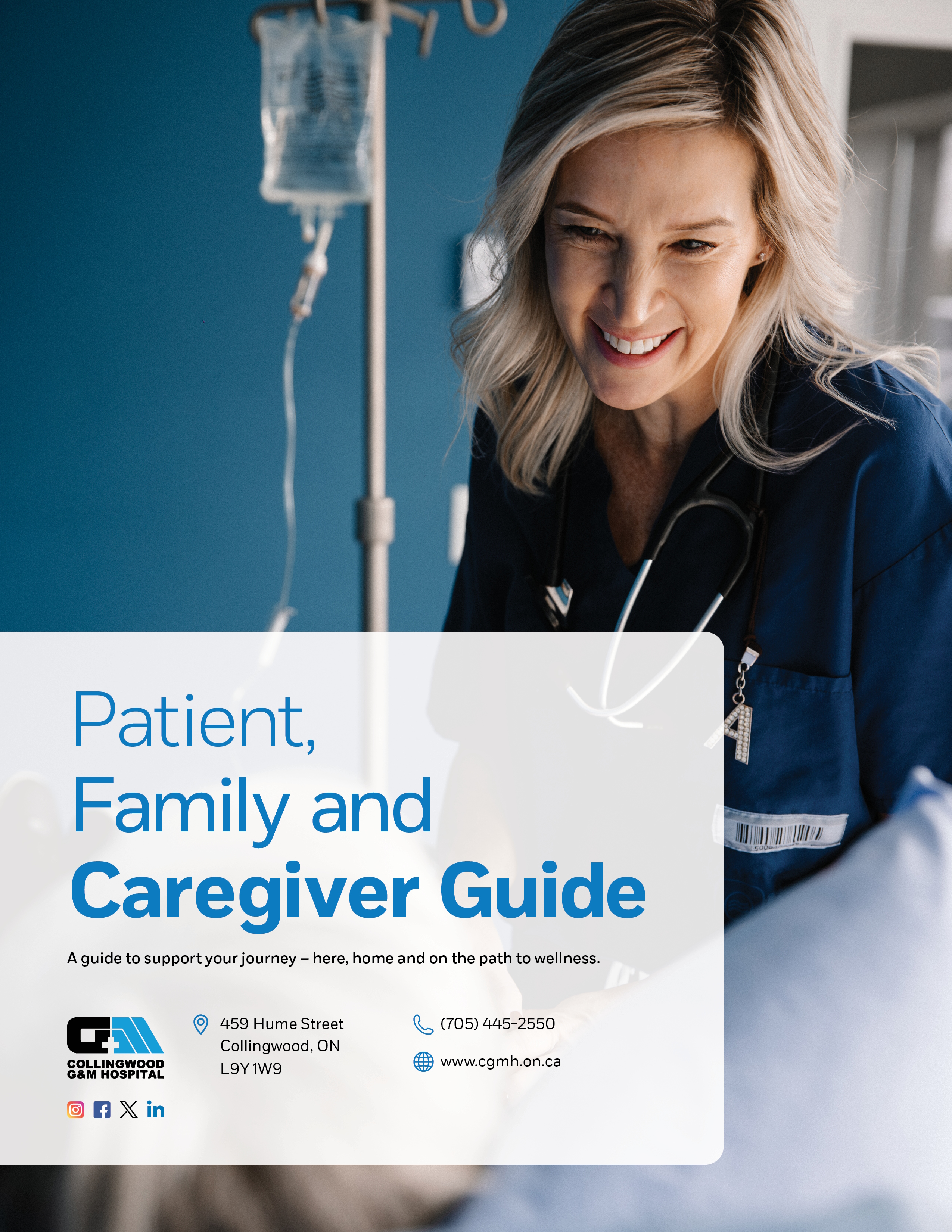 cover of patient guide. nurse with long blonde hair and wearing blue scrubs looks down at a patient with a smile and caring look on her face.